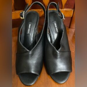 Nine West  Black Leather Strappy Sandals Clear Chunky Heels 10.5M Open Toe